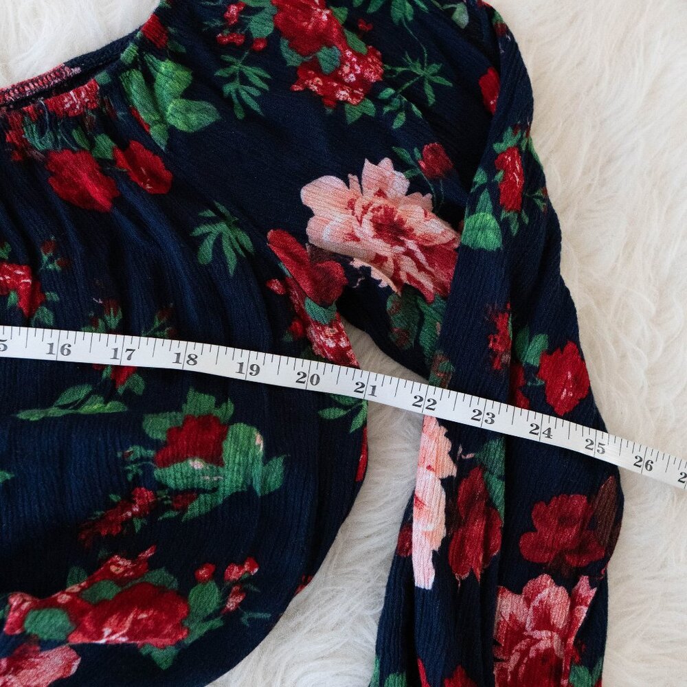 Ambiance Navy Floral Off Shoulder Crop Top | Size L | Long Sleeve Boho Blouse - Picture 8 of 9